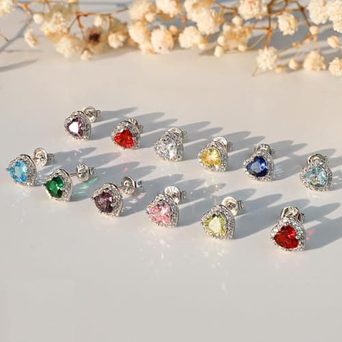 BAYLAY Birthstone Earrings for Women, S925 Sterling Silver Earrings Heart Birthstone Stud Earrings with Cubic Zirconia Birthday Jewelry Mothers Day Gifts for Women Mom Grandma view 6