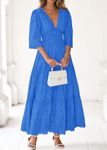 Lazysmile Long Sleeve Dresses for Women V Neck Hollow Out Eyelet Ruffle Swing A-Line Fall Vacation Boho Maxi Dress view 3