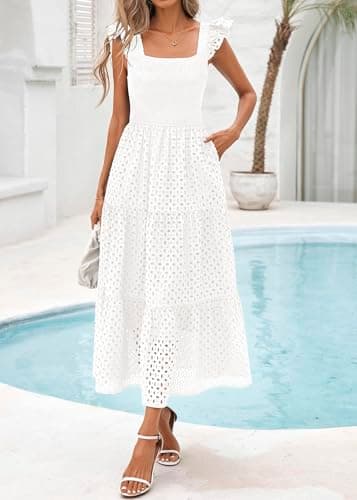 Lazysmile Womens Summer Maxi Dress Square Neck Ruffle Cap Sleeve Hollow Out Eyelet Smocked Tiered A Line Boho Sundress view 4