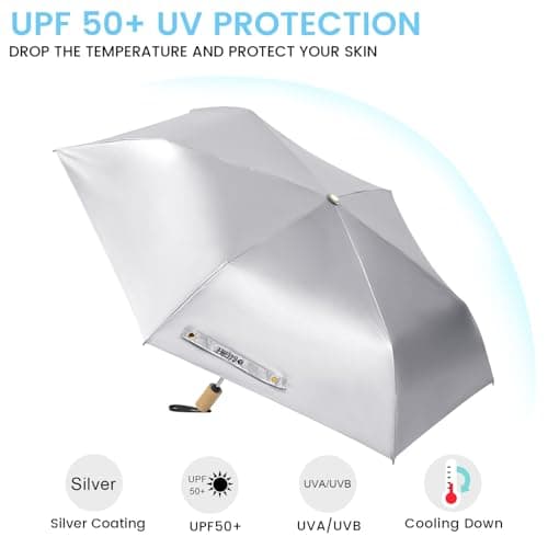 G4Free UPF 50+ UV Protection Travel Umbrella with Wooden Handle, 42 Inch Lightweight Sun Rain Folding Umbrellas Auto Open Close (Sky) view 4