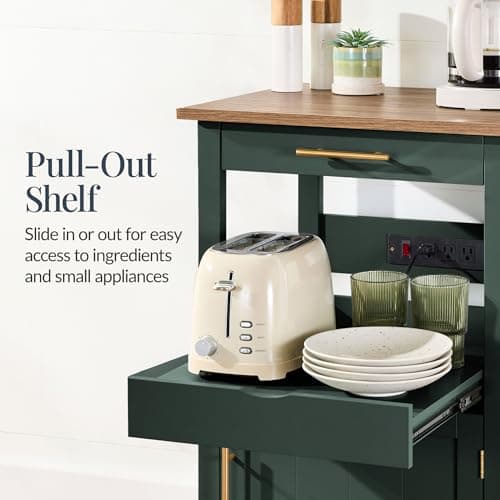 Best Choice Products Rolling Kitchen Island Cart, Single Door Cabinet W/Drawer, Sliding Tray, Outlet, Swivel Lockable Wheels, Hooks, Coffee Cart, Microwave Stand, for Dining Room - Forest Green view 4