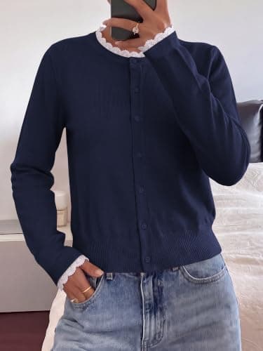 KIRUNDO Cute Lace Cardigan Sweaters for Women Fall Casual Button Down Tops view 6