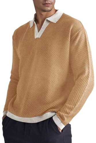 BAYAMO Mens Polo Sweater V Neck Long Sleeve Pullover Sweater Casual Knit Textured Sweater — image 1