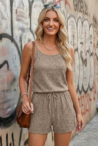 Ekouaer Rompers for Women Summer Casual 2026 Sleeveless Scoop Neck Ribbed Adjustable Shorts Jumpsuit with Pockets view 2