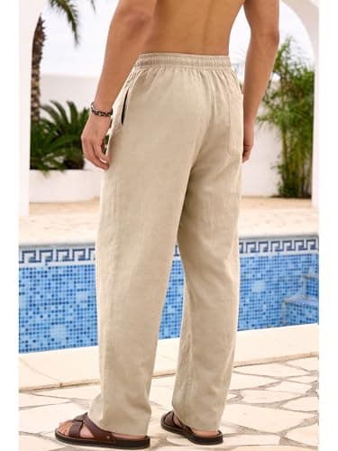 Men's Cotton Linen Pants Elastic Drawstring Lightweight Trousers view 3