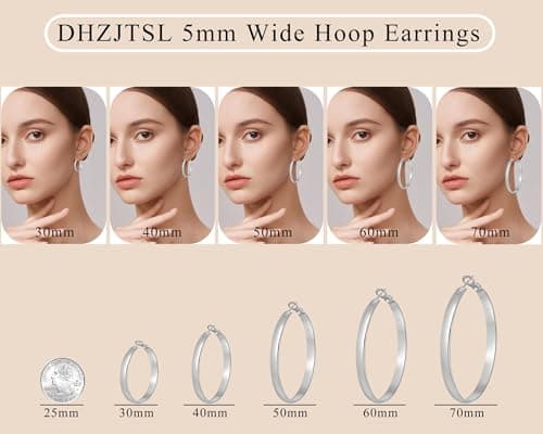 DHZJTSL 5mm Wide Gold Hoop Earrings for Women, 14K Gold Plated Big Chunky Hoop Earrings with S925 Sterling Silver Post, Hypoallergenic Lightweight Earrings Jewelry for Women 30/40/50/60/70mm view 5