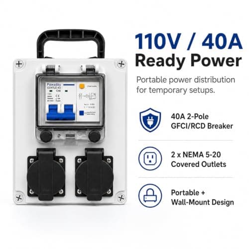 Power Distribution Box, Portable 110V Breaker Box with NEMA 5-20 Outlet, IP65 Weatherproof Temporary Power Outlet Box for Construction Sites, Factories and Workshops view 3