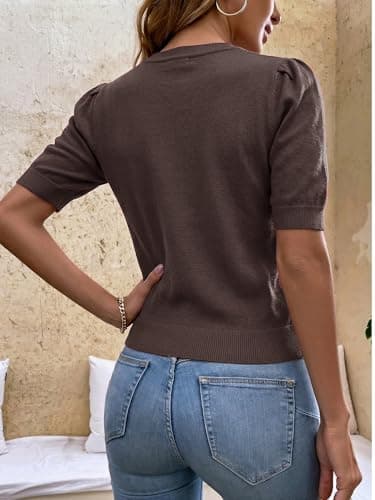 LaGracia Womens Cropped Sweater Puff Short Sleeve Spring Summer Work Tops Crew Neck Sweaters view 3