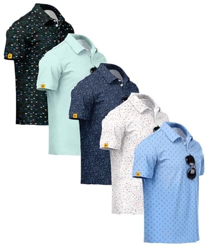 ZITY 5 Pack Mens Golf Shirt Short Sleeve UPF 50+ Moisture Wicking Performance Print Patterns Casual Golf Polo Shirts for Men Lakeblue LightGreen Navy Redwhiteblue Lightblue Large