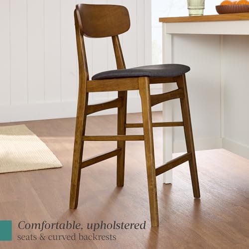Best Choice Products Bar Stool Set of 2, Modern Farmhouse Counter Height Stools w/Armless Upholstered Cushioned Seat, Wooden Curved Backrest - Walnut/Charcoal view 6