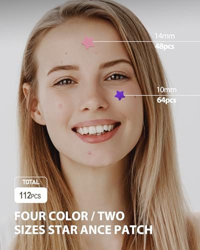 Jefusst Star Acne Patches 112 Dots, Star Pimple Patches Hydrocolloid Acne Patches for Face Cute Zit Patches Pimple Stickers Acne Dots - Purple, Blue, Pink and Yellow view 6