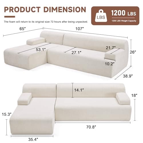 Weture 107" Modular Sectional Cloud Couch, Boneless couches Sponge sectionals for Living Room, High Density Sponges Sofa, Modular L-Shape with Chaise, Beige view 2
