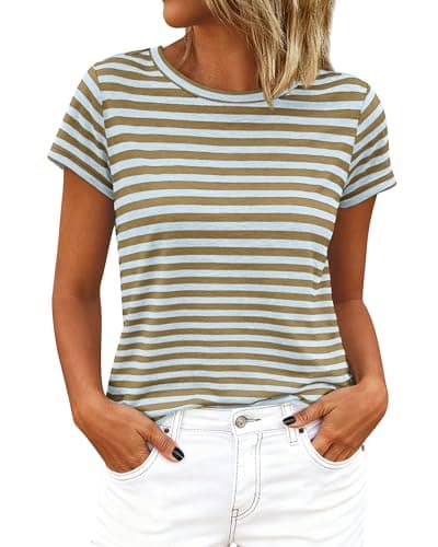 BTFBM Tops for Women Trendy Summer 2026 Crew Neck Short Sleeve T Shirts Striped Casual Vacation Blouse Loose Basic Tee — image 1