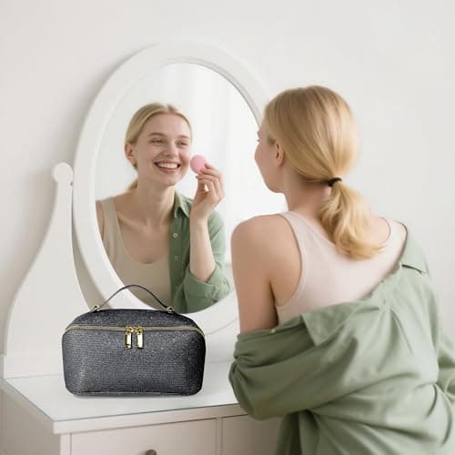 JeeVoya Makeup Bag for Women Large Capacity, Waterproof Travel Cosmetic Bag PU Leather Makeup Organizer with Dividers, Portable Toiletry Bag with Handle (Black) view 2