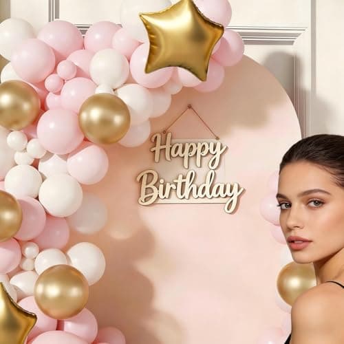 Pink White Gold Balloon Arch Garland Kit 143Pcs Pink White Metallic Gold Latex Balloons with Star Foil Balloons for Wedding Bridal Shower Birthday Party Decorations view 4