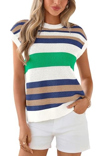 dowerme Womens Spring Tank Tops 2026 Cute Cap Sleeve Crewneck Color Block Crochet Sweater Vest Striped Summer Outfits — image 1