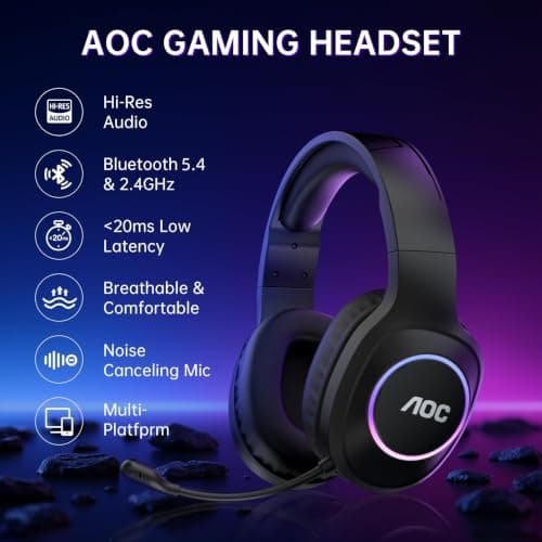 AOC
Wireless
Gaming
Headset
for
PS5,
PS4,
Nintendo
Switch,
PC-
Black | Bluetooth 5.4 & 2.4GHz Gaming Headphones with Noise Canceling Mic, RGB, Type-C, 20ms Latency, 45H, 7.1 Virtual Surround view 2