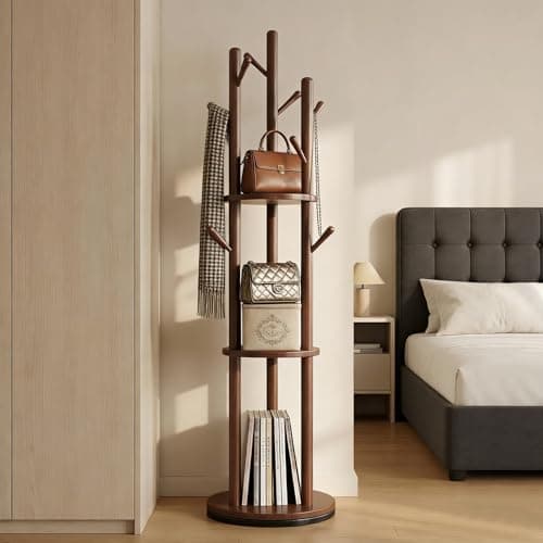 Fnaumdol Rotary Coat Rack Freestanding Hall Tree Stand with 3 Tiers Storage Display Shelf and 9 Hooks for Entryway Bedroom Corner Office Garment Clothes Holder, Brown