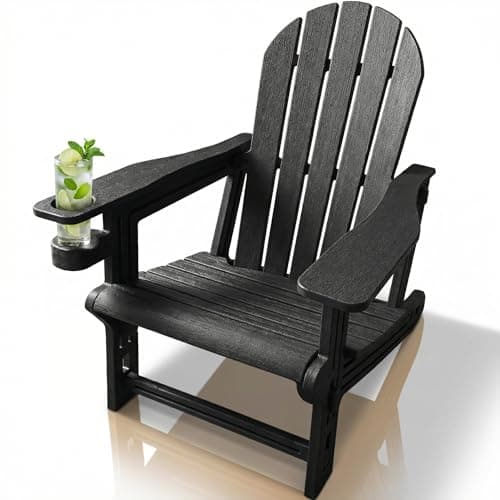 Adirondack Chair with Cup Holder,Tool-Free Assembly,No Screws Needed,All-Weather HDPE Plastic Outdoor Patio Chair,Wood-Grain Slatted Look,Easy to Take Apart for Storage,Fire Pit Chairs(Classic Black) — image 1