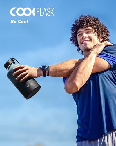 Half Gallon Water Bottle Insulated with Straw & 3 Lids, Coolflask 64 oz Water Jug Large Metal Stainless Steel Wide Mouth for Sports, Gym or Office, Non-BPA Keep Cold 48H Hot 24H, Samurai Cyan view 6