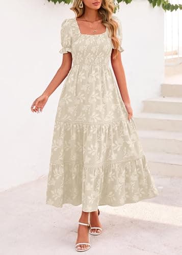 Lazysmile Women's Summer Boho Floral Maxi Dress Short Sleeve Square Neck Smocked Ruffle Elegant Wedding Guest Dress view 3