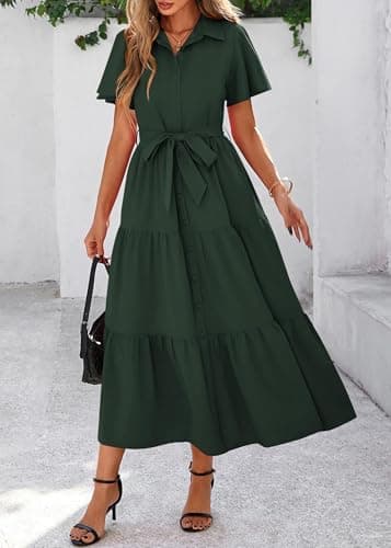 KIRUNDO Summer Button Down Wedding Guest Shirt Dresses for Women Maxi Flutter Short Sleeve Flowy Tiered Beach Sun Dress view 5