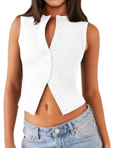 Relety Womens Crop Tank Tops Going Out Button Down Vest Seamless Ribbed Trendy Shirts Cute Sleeveless Summer Spring Y2K Cami — image 1