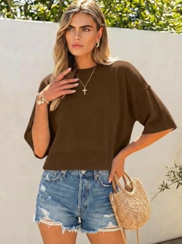 Sweater for Women Summer Short Sleeve Oversized Cropped Sweaters Casual Crewneck Lightweight Knit Tops view 6