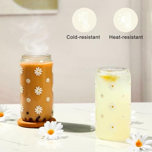 KMCCUMBER Cute Glass Cups with Lids and Straws, Teen Girl Birthday Gifts Daisy Iced Coffee Cup, Beige Aesthetic Mug Tumbler for Birthday Mothers Day Christmas Valentines Coffee Lover 16oz view 7
