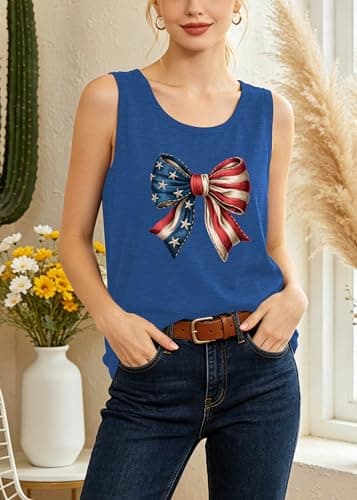Vrytw 4th of July Bow Tank Top Women-USA Bow Sleeveless Shirt Patriotic Tank Top Cute American Flag Tee Top view 4