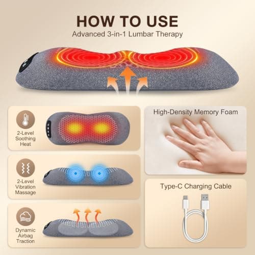 Amkish 3-in-1 Triple Fusion Back Massager with Heat, Vibration & Stretching | Dynamic airbag stretching, memory foam cushion, lumbar support pillow, perfect ergonomic relief for bed, office chair, or car view 5