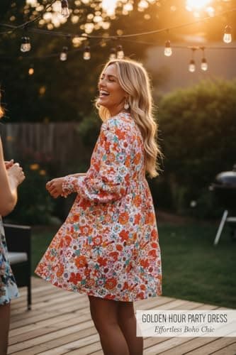 Dokotoo Casual Dresses for Women Flowy Boho Floral Long Sleeve Empire Waist Babydoll Mini Dress view 5