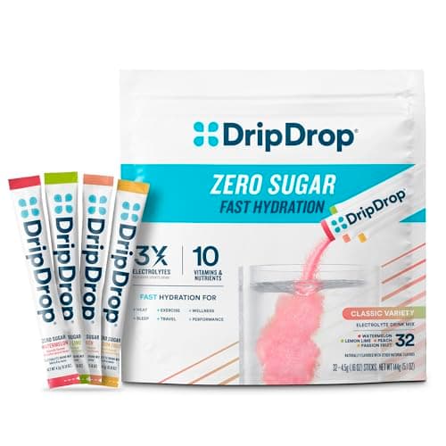 DripDrop Sugar Free Hydration Packets - Zero Classic Variety Pack - Single Serve Electrolytes Powder Drink Mix - Lemon Lime, Watermelon, Peach, Passion Fruit - Non-GMO, Gluten Free, Vegan - 32 Sticks view 1