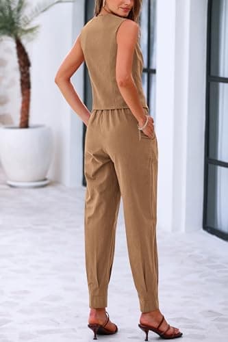 PRETTYGARDEN 2 Piece Sets for Women Summer 2026 V Neck Button Front Cropped Tank Tops Vest Pockets Pants Spring Matching Set view 2