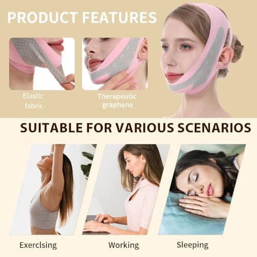 CGYISOL Graphene V Line Lifting Mask, Face Lifting Belt for Sleeping, Adjustable Lifting Straps, Double Chin Reducer, Jawline Physical Shaping Tool & Breathable Face Slimming Mask, Pink view 6