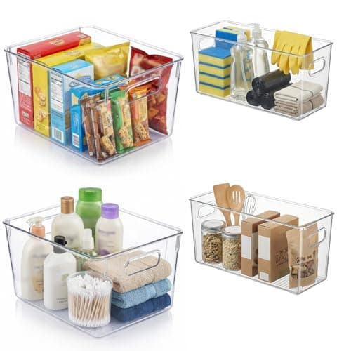MOONEDGE 4 Pack Modular Clear Plastic Storage Organizer Bins – 2 Large & 2 Narrow, Nestable Space-Saving System for Pantry & Kitchen Storage, Fridge, Bathroom & Cabinet
