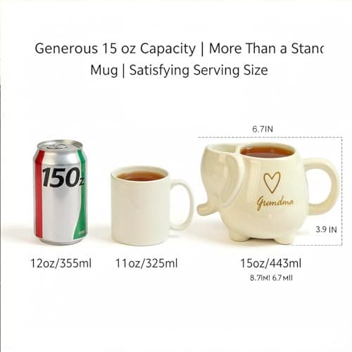 AKLOPE Elephant Shaped Tea Mug with Mom Heart Design, White Ceramic Stoneware Cup with Tea Bag Holder, 15 Ounce (15 oz, Mom) view 7