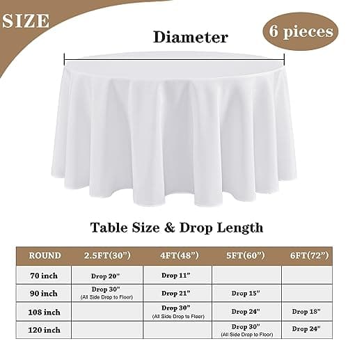 Fitable 6 Pack White Round Tablecloths - 120 Inches in Diameter - Stain Resistant and Washable Table Clothes, Polyester Fabric Table Covers for Wedding, Party, Banquet, Formal Events view 5