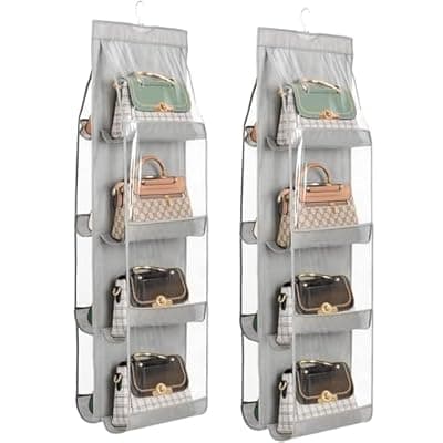 ZB.soar Handbag Organizer, 2 Pcs 8 Pockets Dust Proof Purse Organizer Closet, Wardrobe Washable Storager(2Pcs Gray 8P)