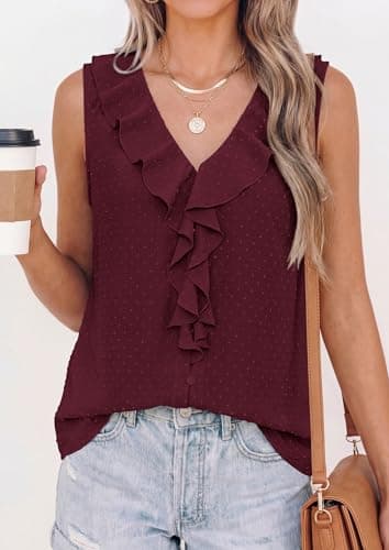 PRETTYGARDEN Tank Tops for Women 2026 Summer Fashion Sleeveless Ruffle Button Swiss Dot Dressy Casual Blouses Work Shirts view 2
