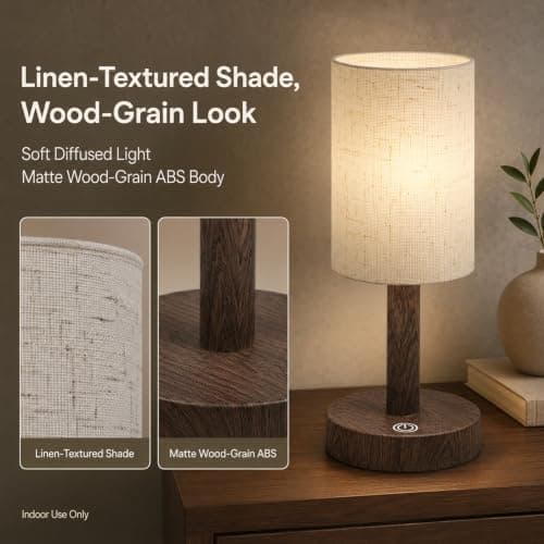 Small Rechargeable Cordless Table Lamp, Nightstand to Desk, Dark Walnut | 2000mAh Battery Operated Lamp, Soft Linen Glow for Bedside, Bedroom, Side Tables and Home Decor, 3 Color Modes, Touch Dimming view 6