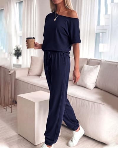 Zenlonr Women Summer 2 Piece Outfits 2026 Off Shoulder Short Sleeve Tops Elastic Waist Drawstring Long Pants Tracksuit view 3