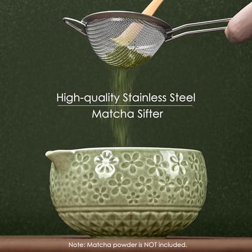7Pcs Matcha Whisk Set, Matcha Set Whisk and Bowl,Bamboo Scoop, Scoop Rest, Sifter and Tea Towel, Matcha Kit W/Carved Cherry Blossm Pattern for Matcha Lovers (Sakura Green) view 4
