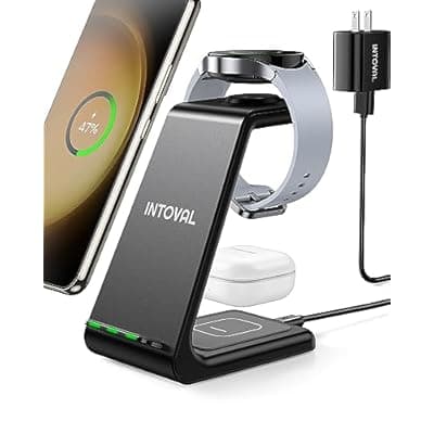 Intoval Wireless Charger,Wireless Charging Station for Samsung Galaxy Phone/Watch/Buds,fit for Galaxy S25/S24/S23/S22,Note20/10/Z Fold/FLI,Watch 8/7/6/5/4/Active 2/1, Buds3/2/Pro/Live(S3,Black)