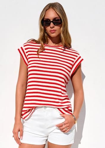 PRETTYGARDEN Women's 2026 Spring Vest Tops Cap Sleeve Striped Shirt Knit Tank Top Summer Beach Vacation Clothes view 3