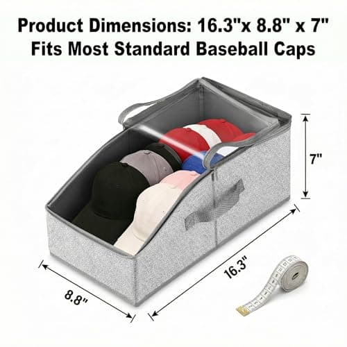 Funnydin 2PCS Hat Storage for Baseball Caps - Stackable Hat Organizer for Closet, Holds up to 30 Caps with Clear Window, Space-Saving Hat Box for Home Storage, Breathable Fabric, Grey view 2