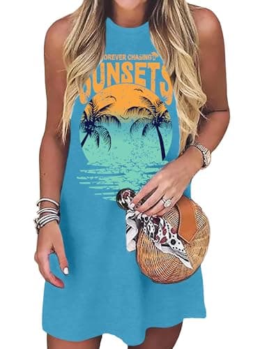 PICKID Summer Dress Hawaiian Dresses Sundresses for Women Sunsets Graphic Mini Tank Sleeveless Vacation Outfits — image 1