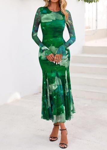 Lazysmile Women's Long Sleeve Floral Maxi Dresses Fall Formal Crewneck Bodycon Mesh Ruffle Wedding Guest Cocktail Party Dress view 6