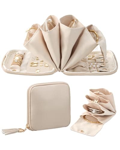 Lolalet Travel Jewelry Case Organizer, Small Jewellery Pouch with Compartments for Storage, Soft Velvet Bag for Traveling Women, Packing for Necklaces, Earrings, Bracelets, Mothers Day Gifts -Oatmeal view 1