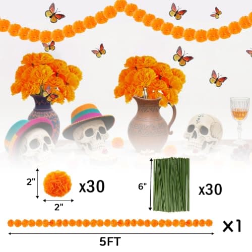 GOAUS Dia de Los Muertos Day of the Dead Ofrenda Altar Decorations 60 pcs | Marigold Flowers x30, Papel Picado x9, Marigold Garland x1, Felt Skulls x8, Monarch Butterflies x12 view 2